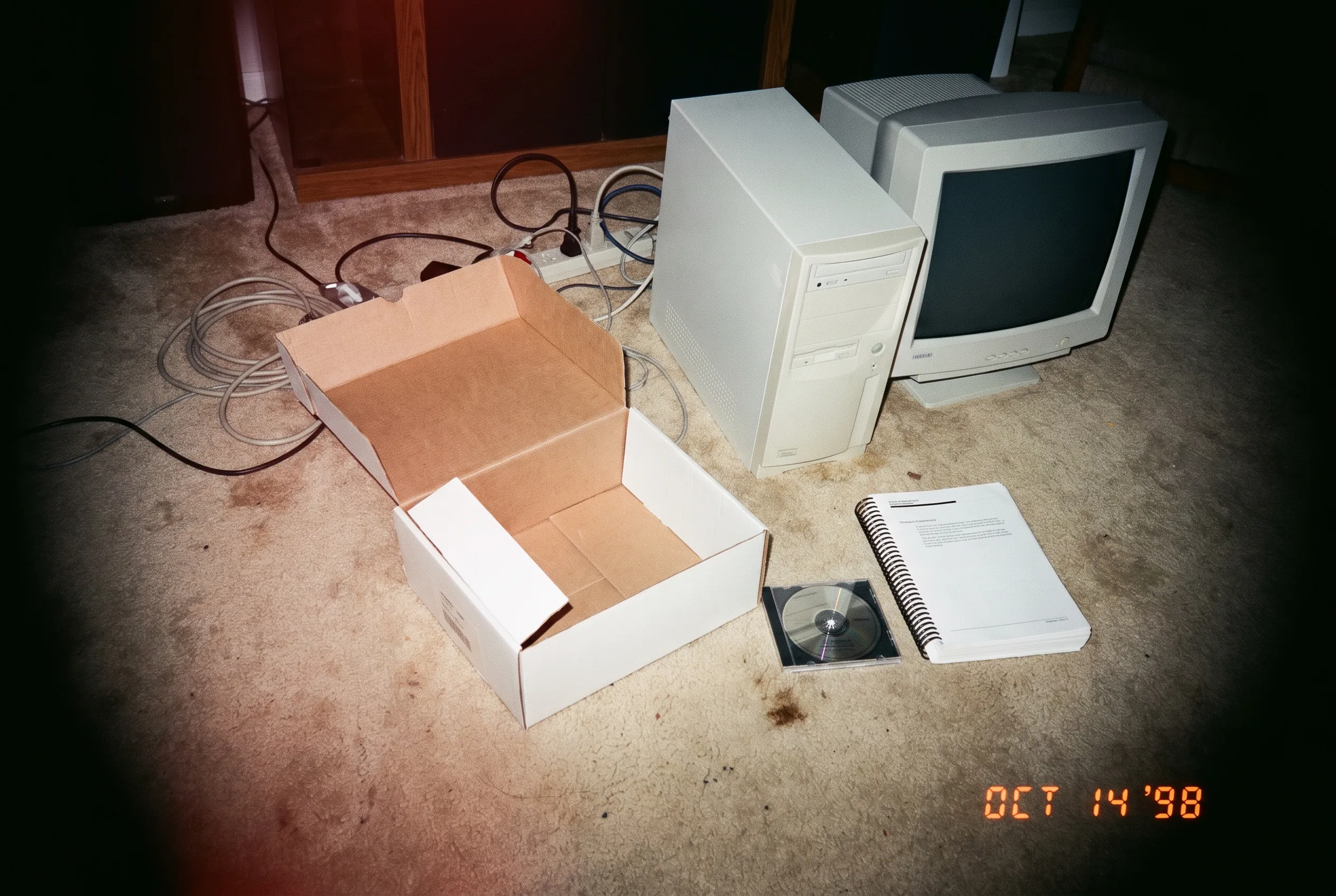 A 1998 flash photo: the software box open on the living room carpet, disc and manual beside a beige PC mid-installation